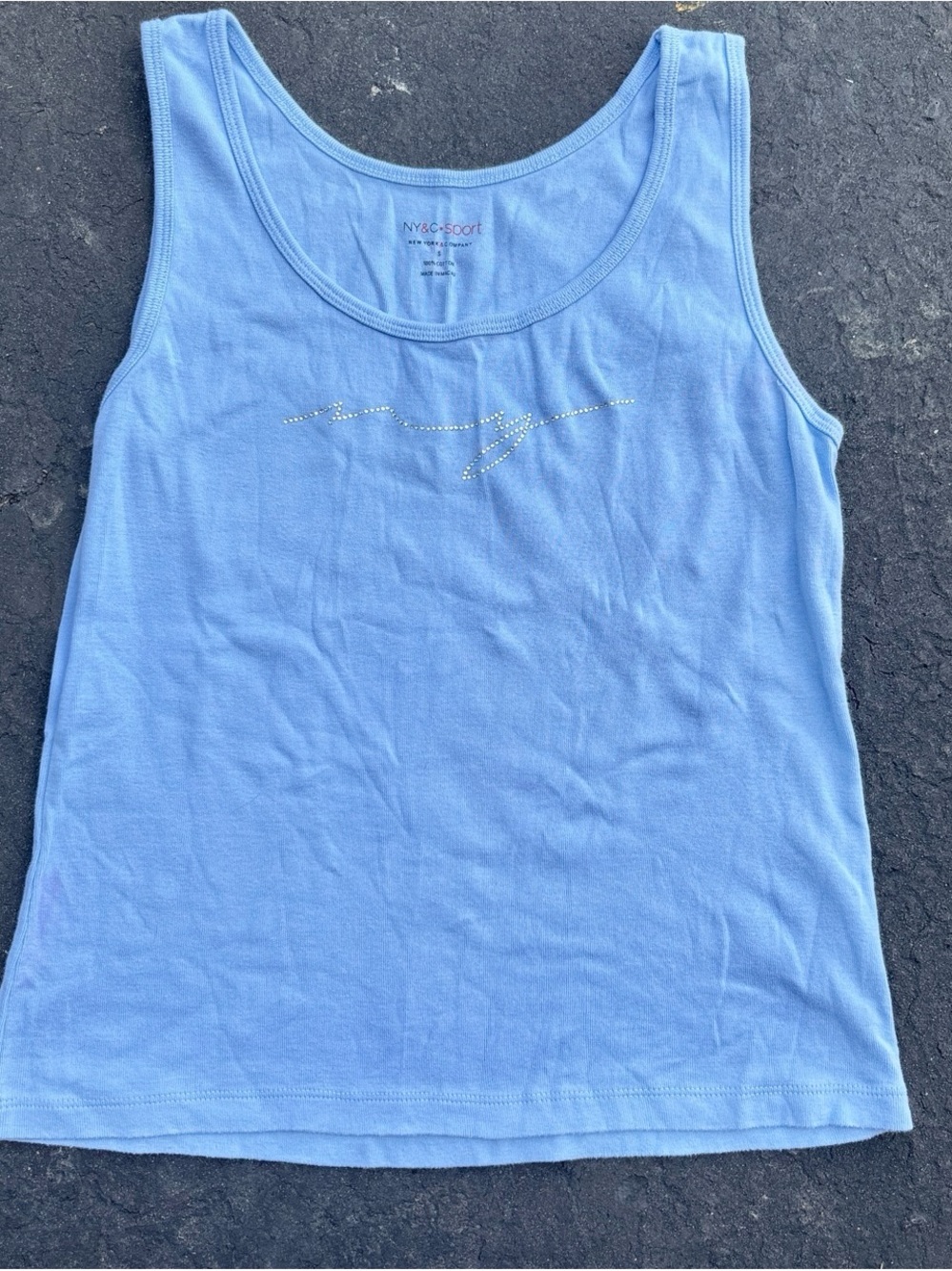 New York & Company Light Blue Rhinestone Script Tank